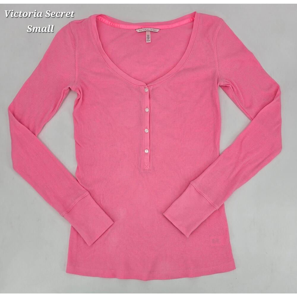 Victoria’s Secret‎ Ribbed Henley Top Pink Fitted Long Sleeve Cotton Blend Small